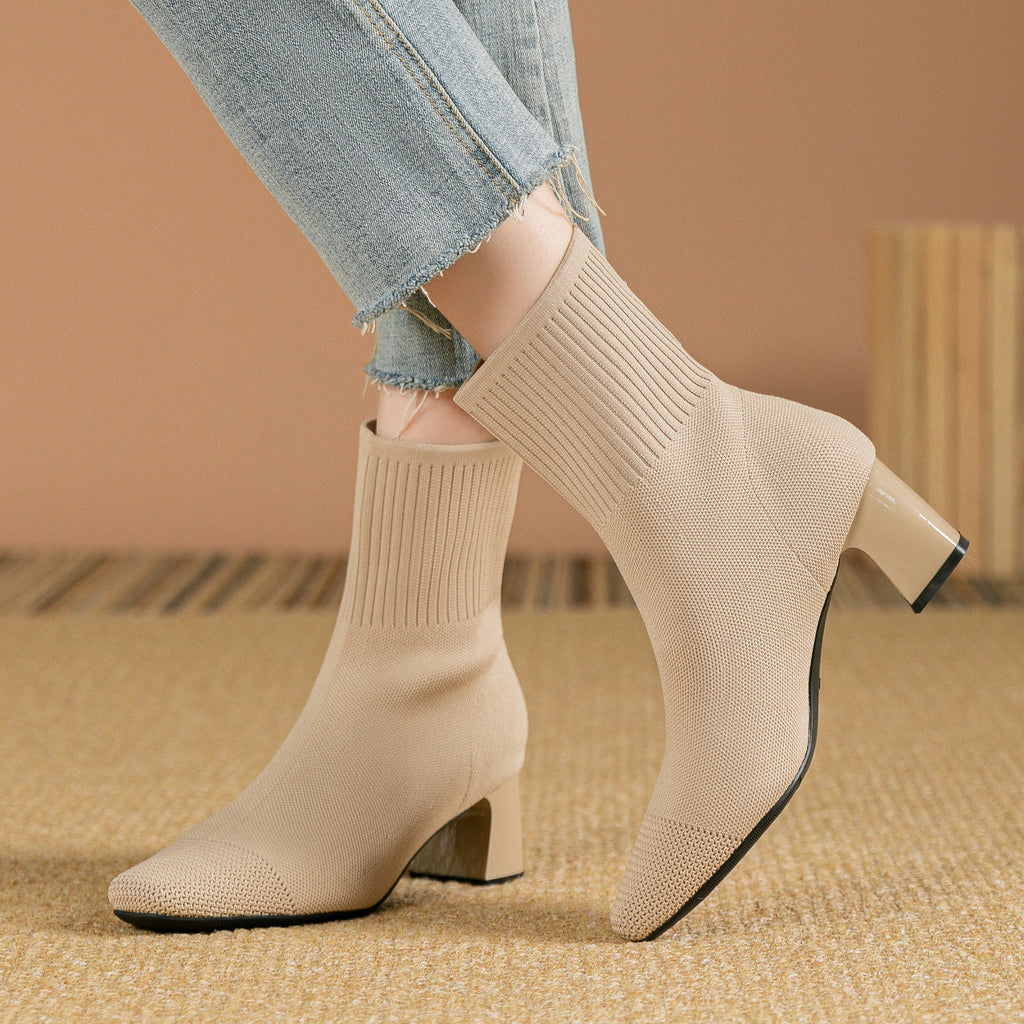 Bottes à talon compensé épais élastique, chaussettes en maille fines mi - mollet - IVOIRART.COM