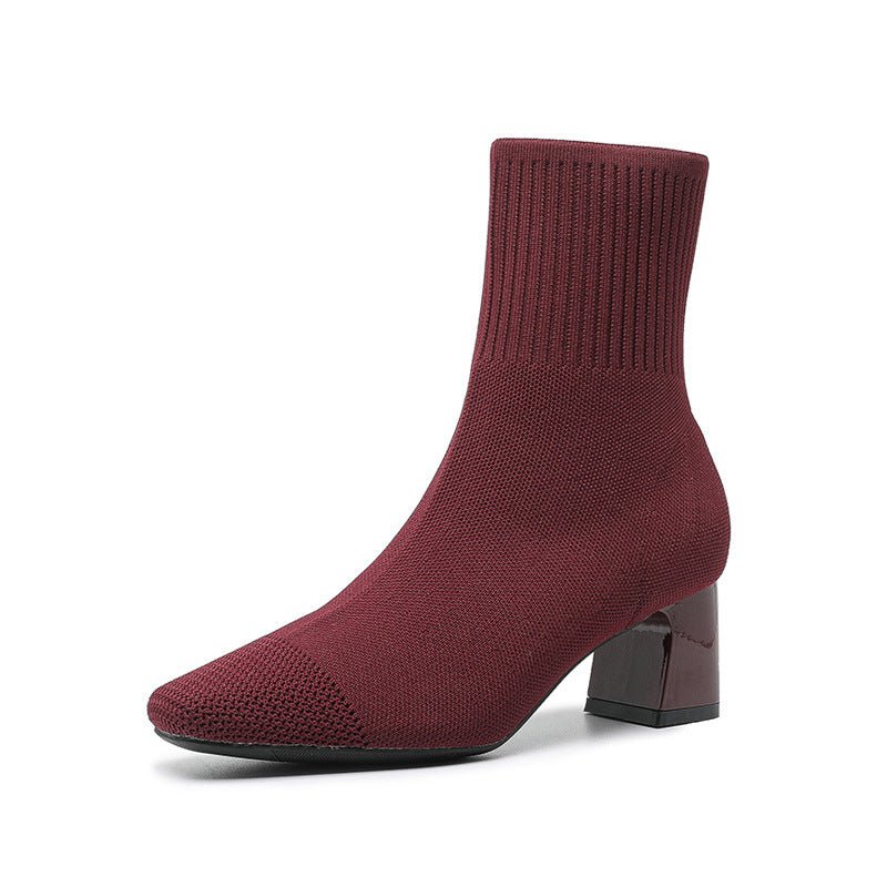 Bottes à talon compensé épais élastique, chaussettes en maille fines mi - mollet - IVOIRART.COM