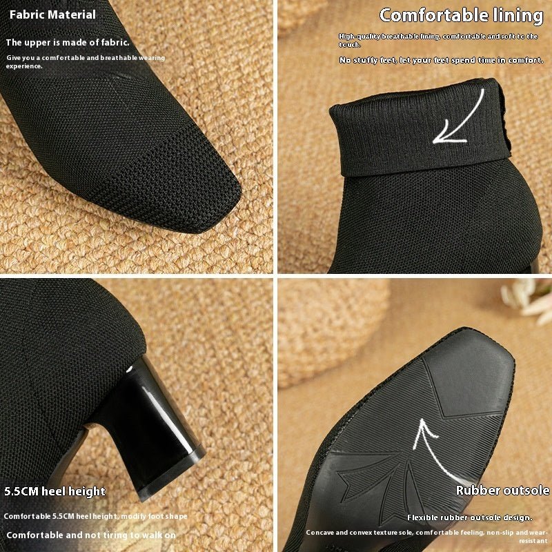 Bottes à talon compensé épais élastique, chaussettes en maille fines mi - mollet - IVOIRART.COM