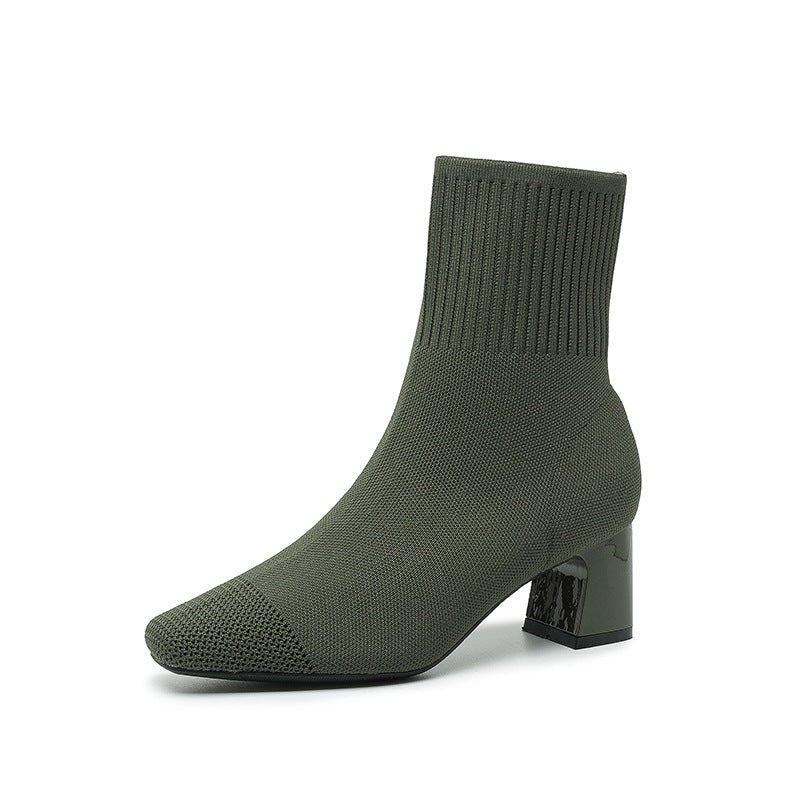 Bottes à talon compensé épais élastique, chaussettes en maille fines mi - mollet - IVOIRART.COM