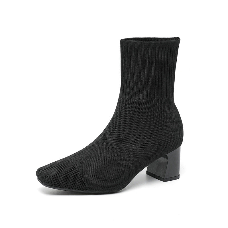 Bottes à talon compensé épais élastique, chaussettes en maille fines mi - mollet - IVOIRART.COM