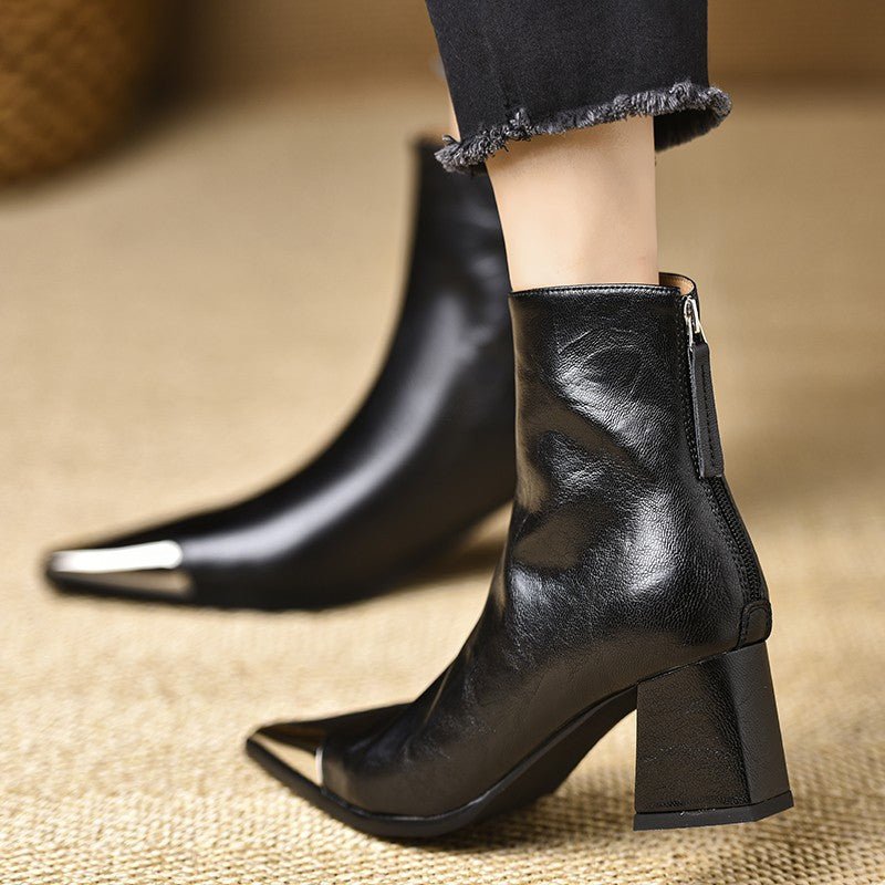 Bottes à talon épais et bout pointu en cuir synthétique pour femmes chic rétro - IVOIRART.COM