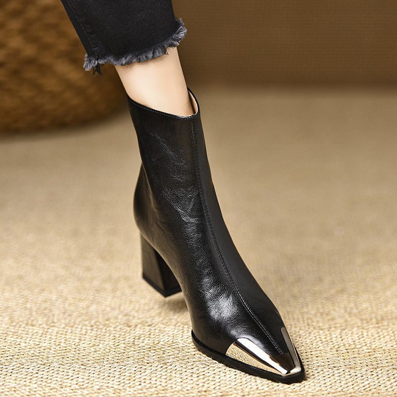 Bottes à talon épais et bout pointu en cuir synthétique pour femmes chic rétro - IVOIRART.COM