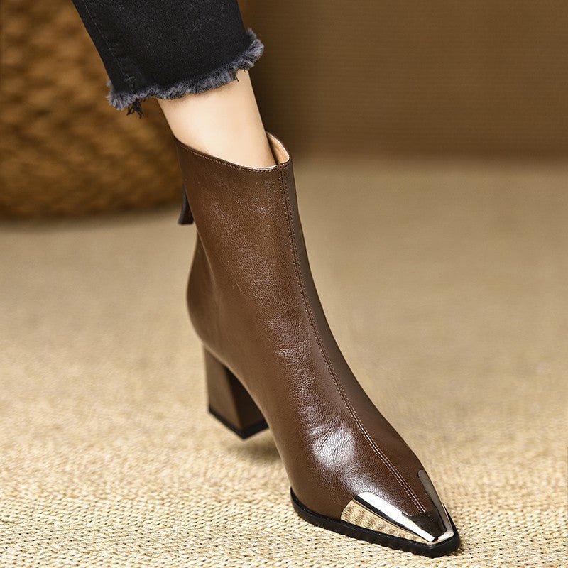 Bottes à talon épais et bout pointu en cuir synthétique pour femmes chic rétro - IVOIRART.COM