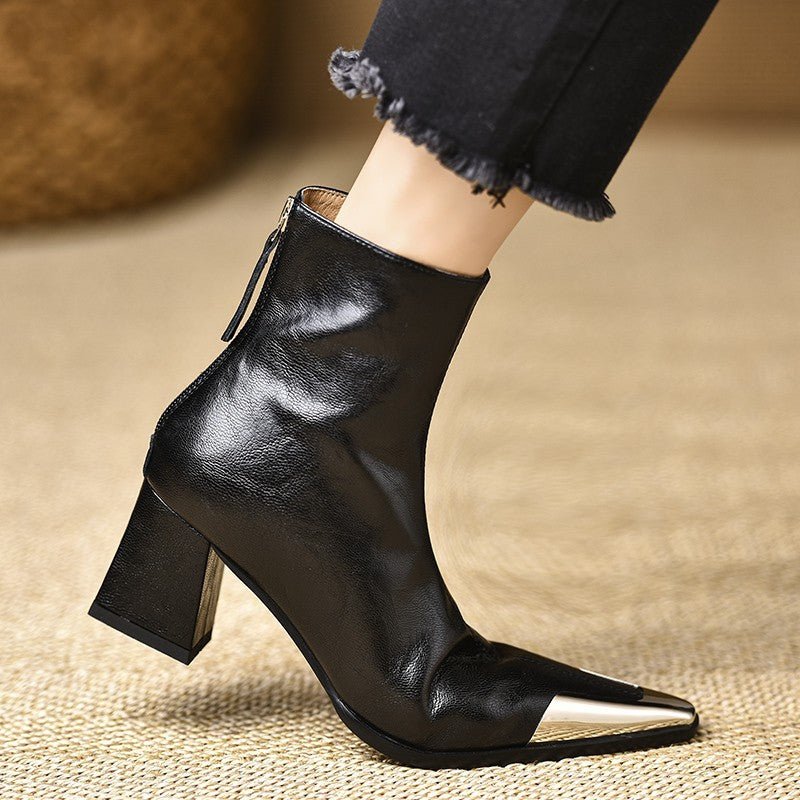 Bottes à talon épais et bout pointu en cuir synthétique pour femmes chic rétro - IVOIRART.COM
