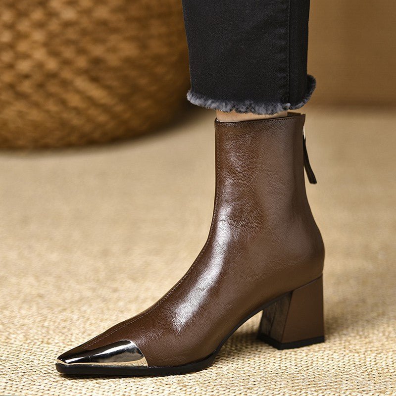 Bottes à talon épais et bout pointu en cuir synthétique pour femmes chic rétro - IVOIRART.COM