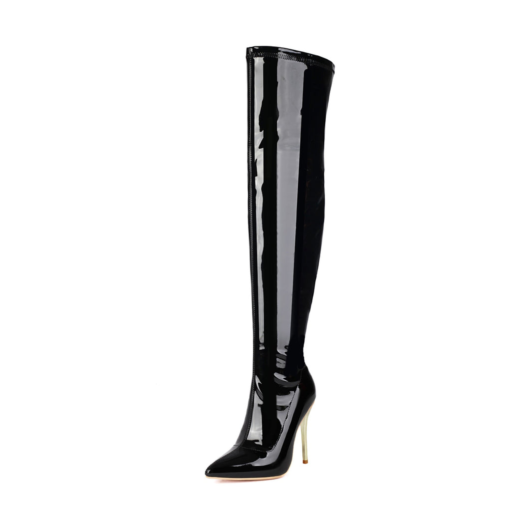 Bottes à talons aiguilles en cuir verni européen et américain au - dessus du genou - IVOIRART.COM
