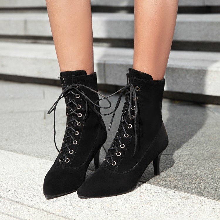 Bottes à talons aiguilles pointues pour femmes grande taille avec lacets avant - IVOIRART.COM