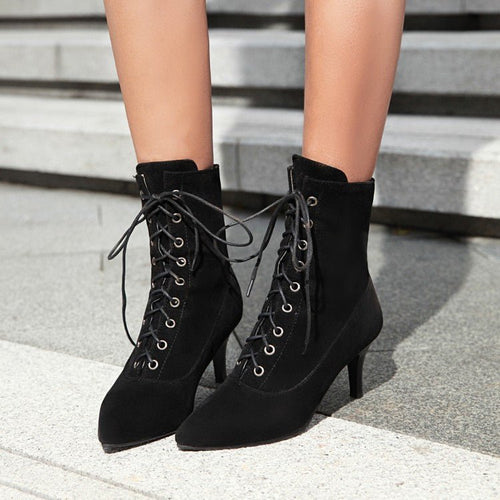 Bottes à talons aiguilles pointues pour femmes grande taille avec lacets avant - IVOIRART.COM