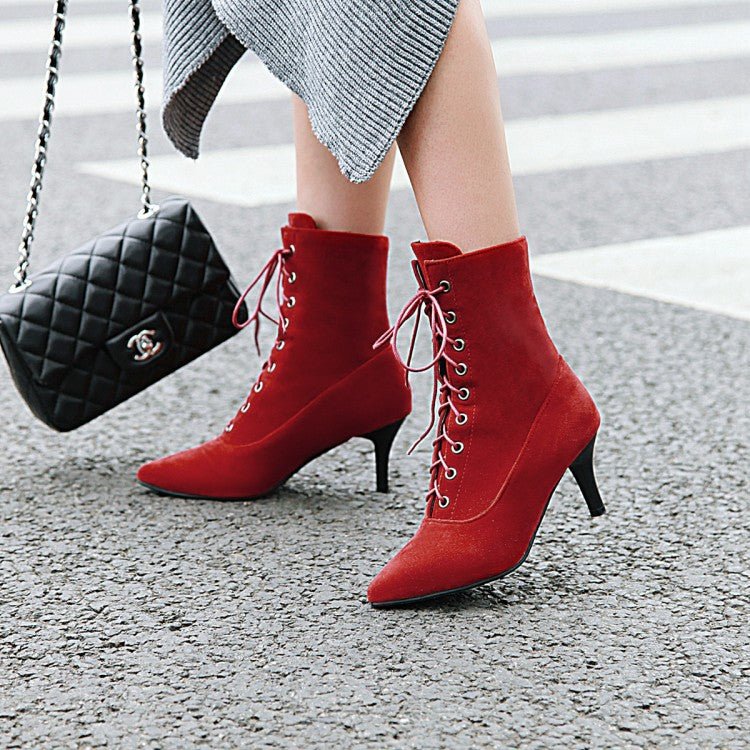 Bottes à talons aiguilles pointues pour femmes grande taille avec lacets avant - IVOIRART.COM