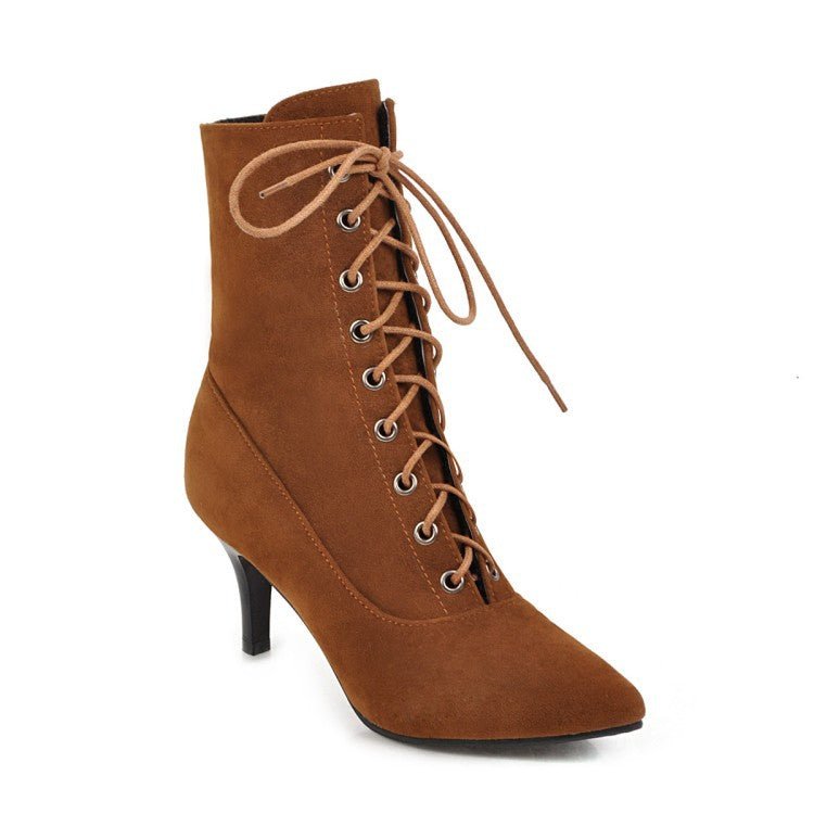 Bottes à talons aiguilles pointues pour femmes grande taille avec lacets avant - IVOIRART.COM