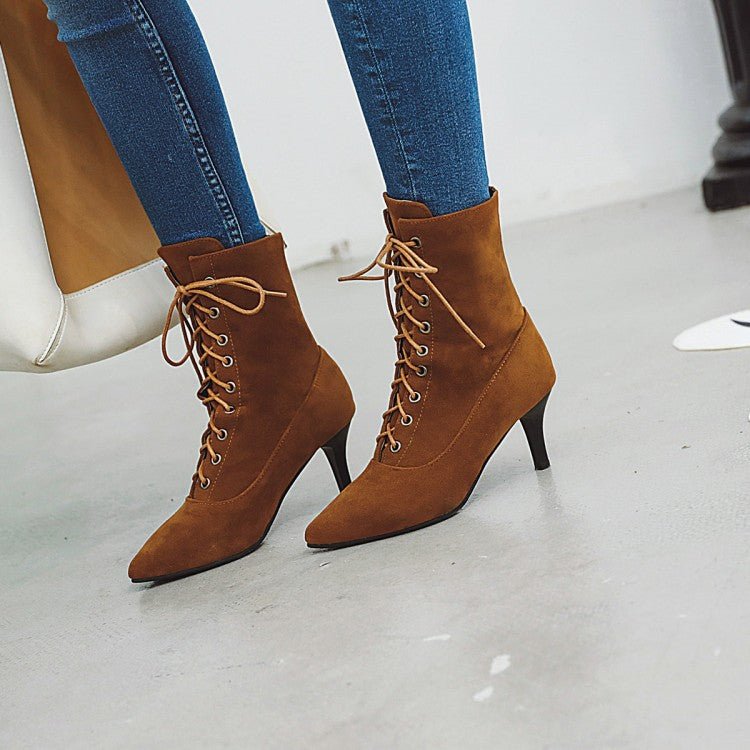 Bottes à talons aiguilles pointues pour femmes grande taille avec lacets avant - IVOIRART.COM
