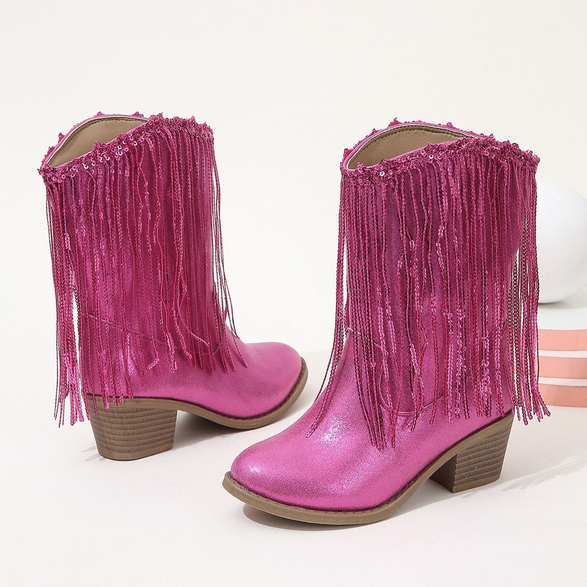 Bottes à talons épais de style western avec franges, élégance de piste - IVOIRART.COM
