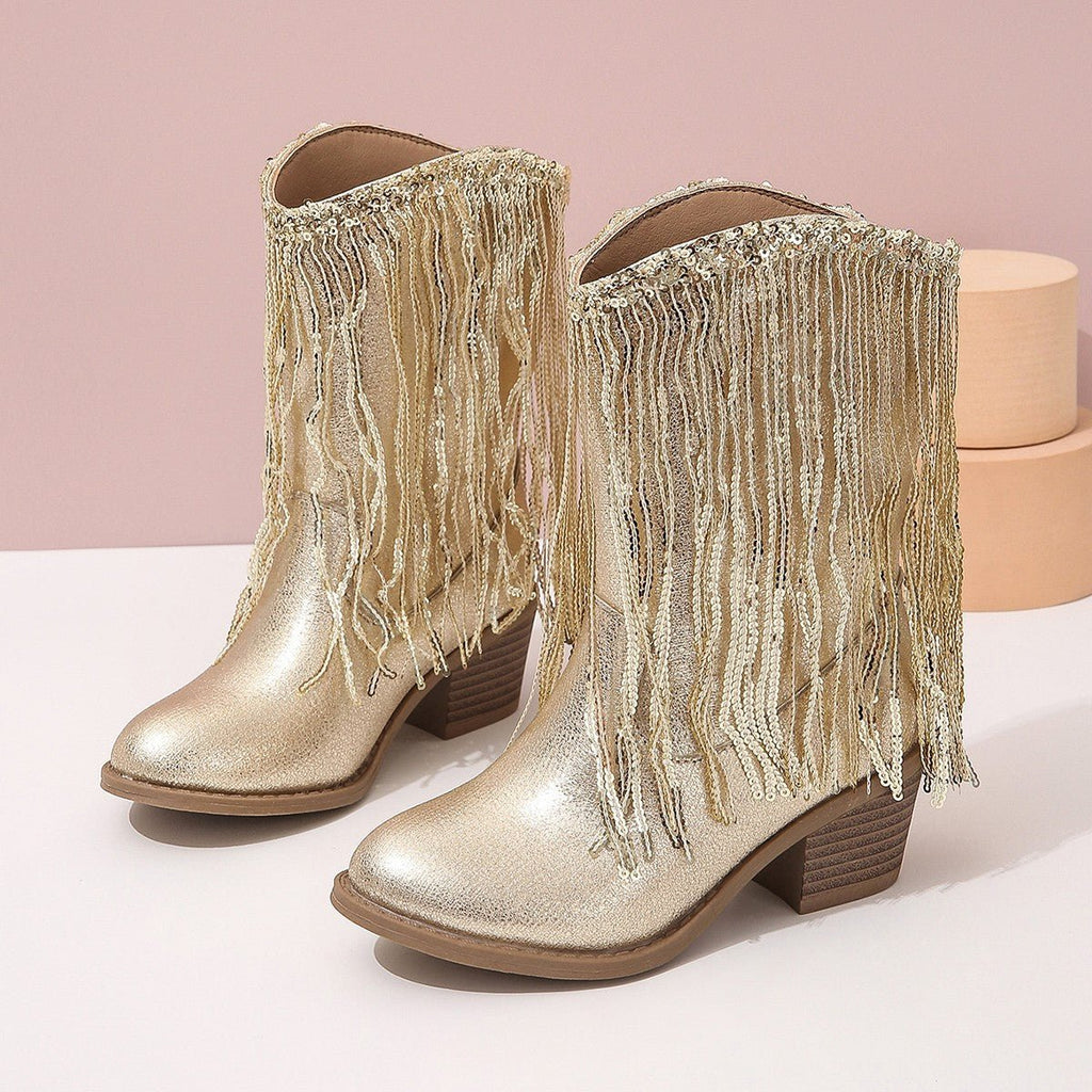 Bottes à talons épais de style western avec franges, élégance de piste - IVOIRART.COM