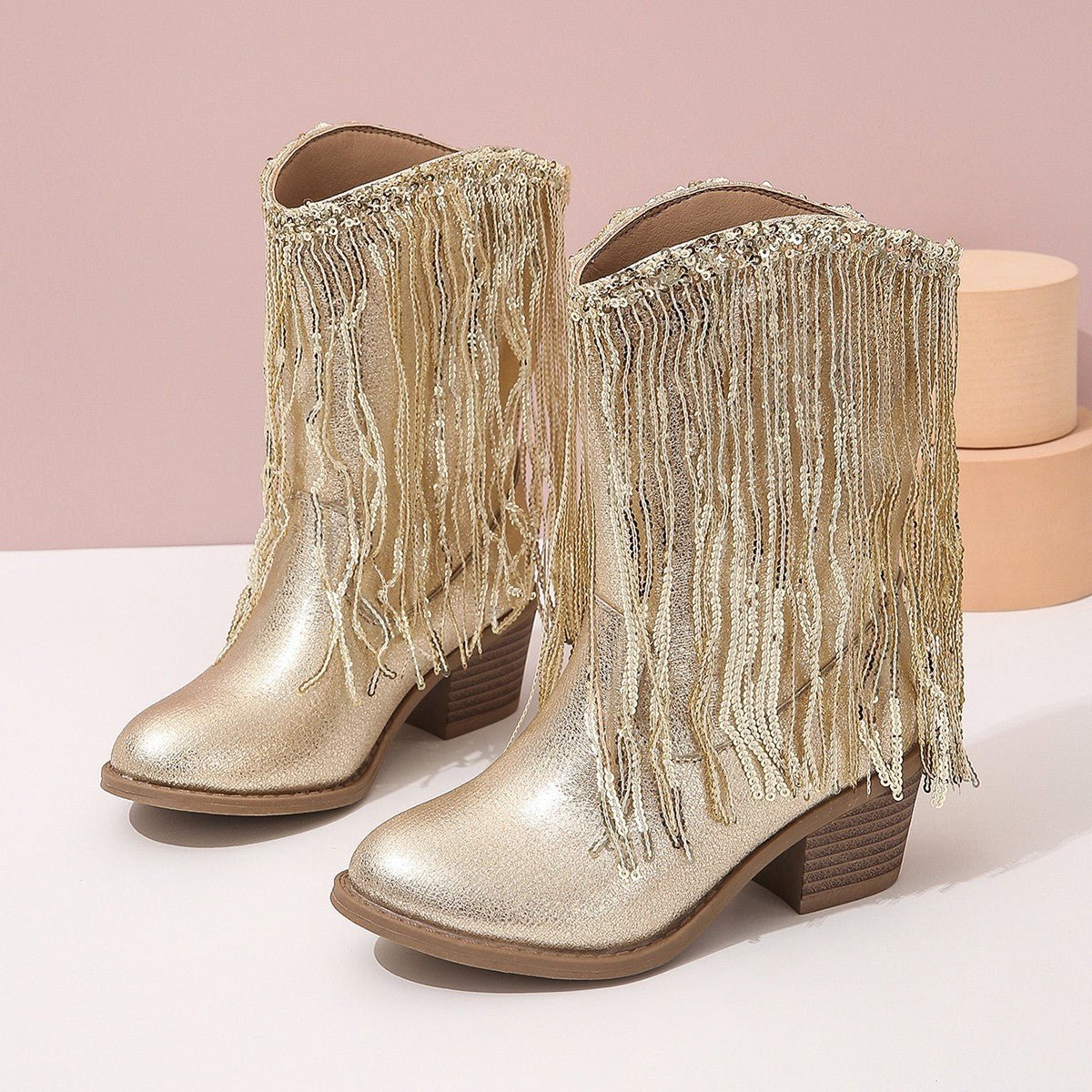 Bottes à talons épais de style western avec franges, élégance de piste - IVOIRART.COM