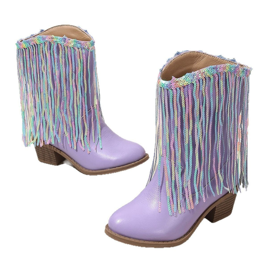 Bottes à talons épais de style western avec franges, élégance de piste - IVOIRART.COM