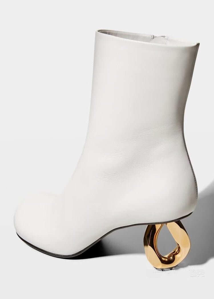Bottes blanches à bout rond, talon moyen et semelle en tendon de bœuf élégantes - IVOIRART.COM
