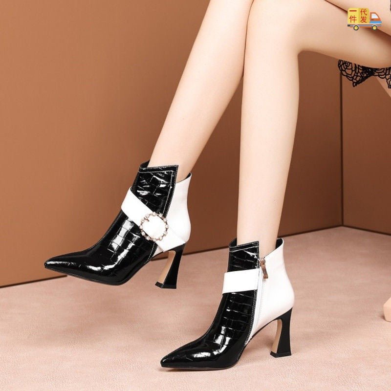 Bottes Cheville à Talons Hauts Bloc de Couleur Mode Accordée avec Style - IVOIRART.COM