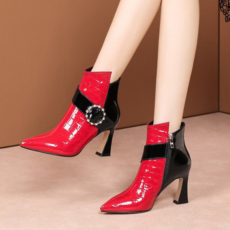 Bottes Cheville à Talons Hauts Bloc de Couleur Mode Accordée avec Style - IVOIRART.COM
