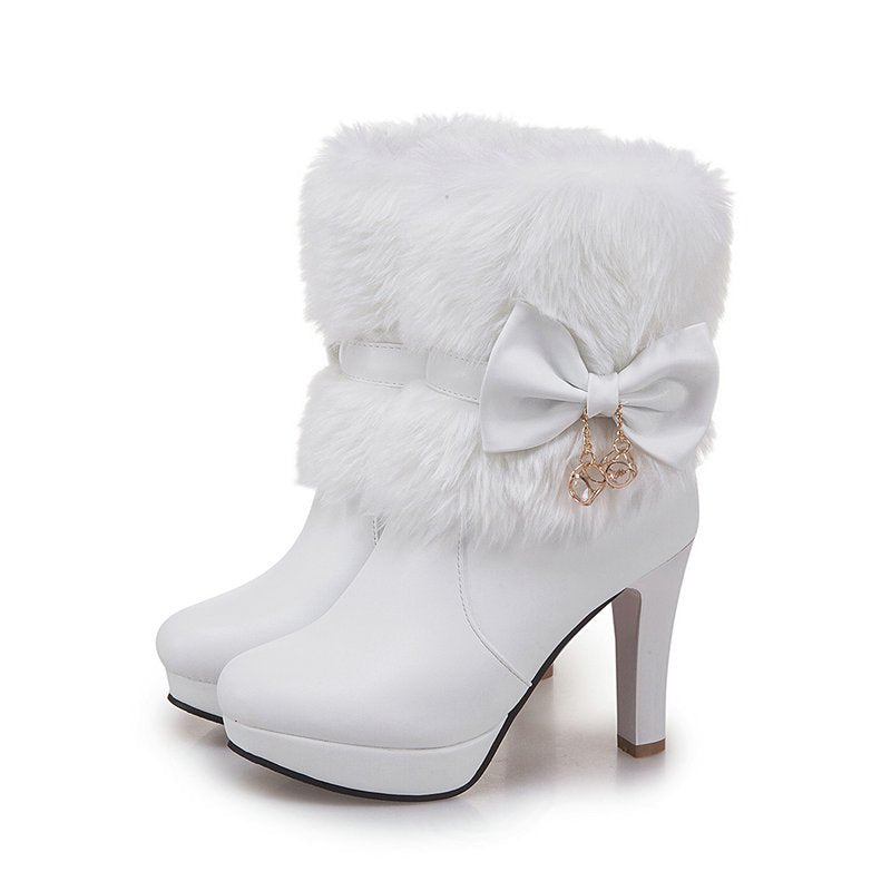 Bottes Courtes d'Automne Hiver Femme Princesse Douce Talon Épais 10cm - IVOIRART.COM