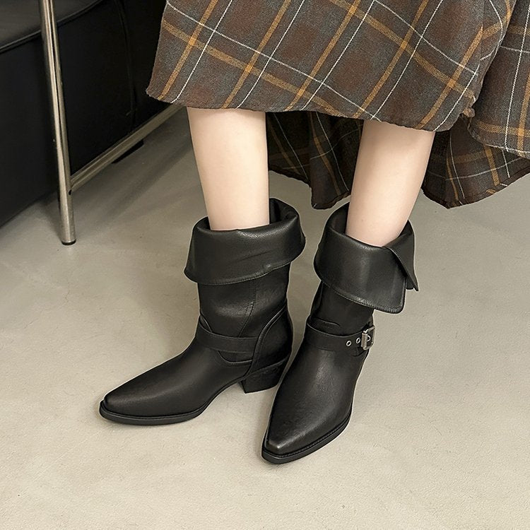 Bottes Courtes Minces à Boucle pour Femmes, Semelle Épaisse Rehaussante, Élégantes et Slim - IVOIRART.COM