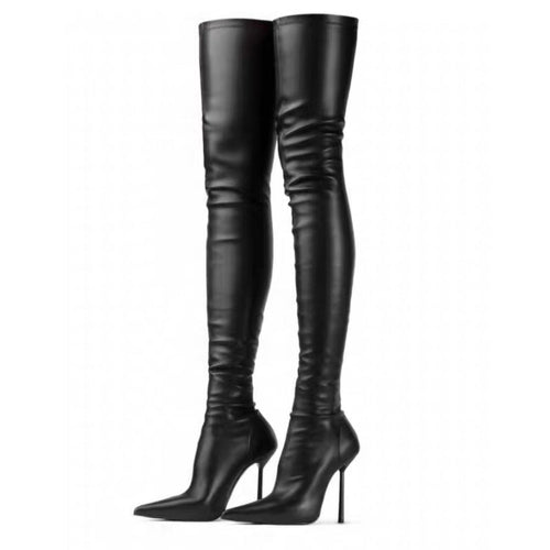 Bottes cuissardes femme grande taille talon aiguilles bout pointu noir 8cm PUmat - IVOIRART.COM