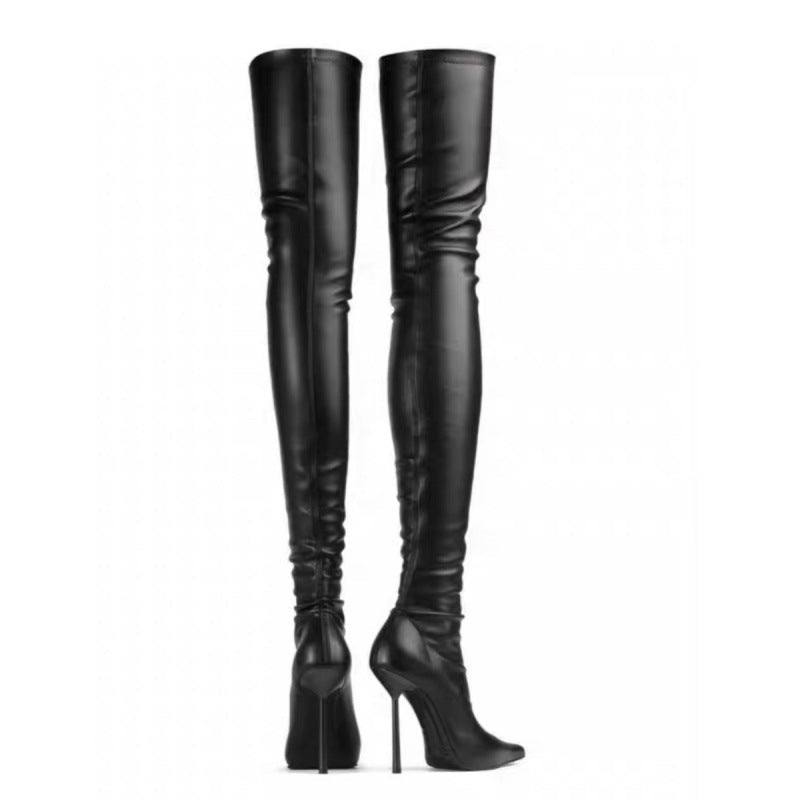 Bottes cuissardes femme grande taille talon aiguilles bout pointu noir 8cm PUmat - IVOIRART.COM