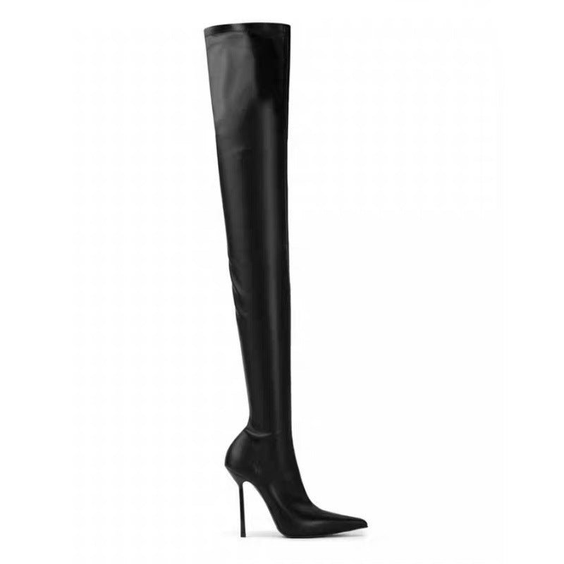 Bottes cuissardes femme grande taille talon aiguilles bout pointu noir 8cm PUmat - IVOIRART.COM
