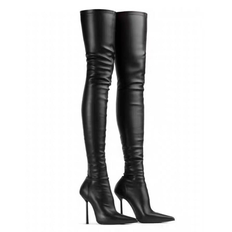 Bottes cuissardes femme grande taille talon aiguilles bout pointu noir 8cm PUmat - IVOIRART.COM