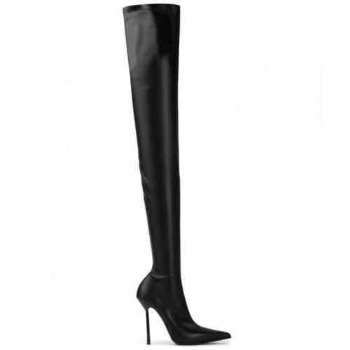 Bottes cuissardes femme grande taille talon aiguilles bout pointu noir 8cm PUmat - IVOIRART.COM