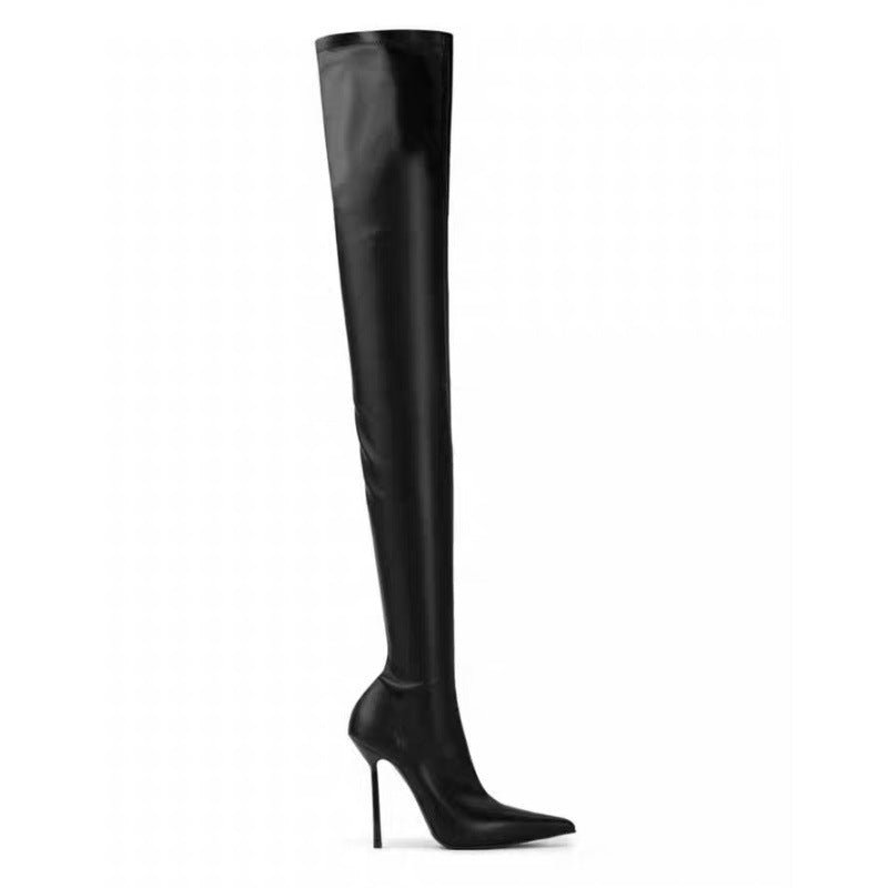 Bottes cuissardes femme grande taille talon aiguilles bout pointu noir 8cm PUmat - IVOIRART.COM