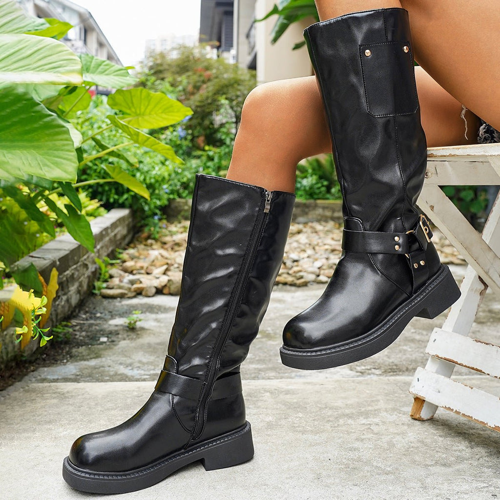 Bottes en denim montantes à boucle métallique, talons épais mi - mollet, noir et marron, tailles 35 - 42 - IVOIRART.COM