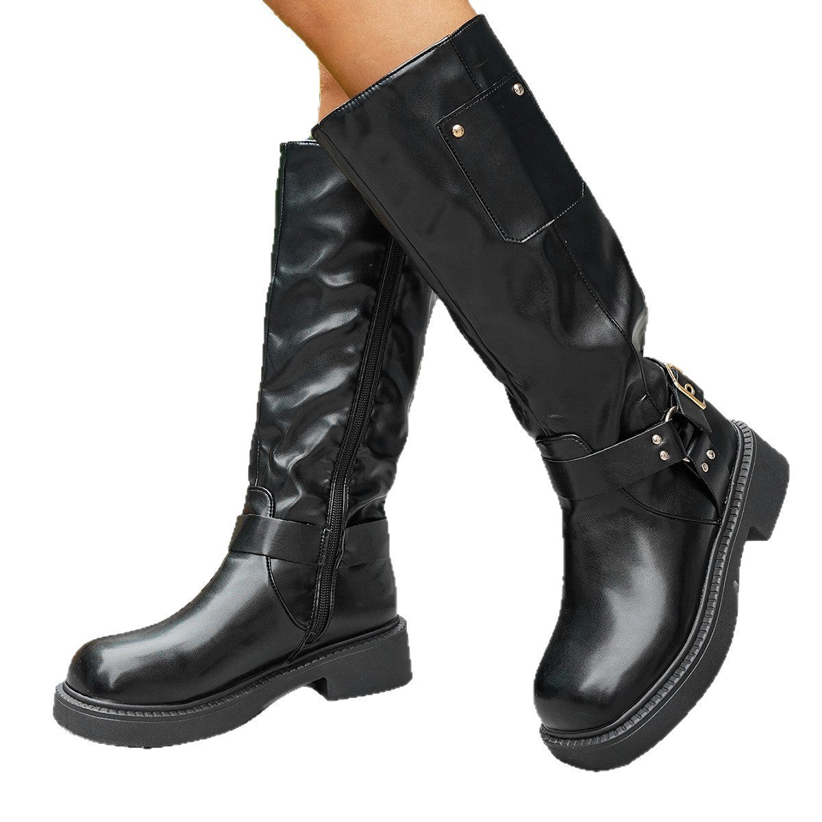 Bottes en denim montantes à boucle métallique, talons épais mi - mollet, noir et marron, tailles 35 - 42 - IVOIRART.COM