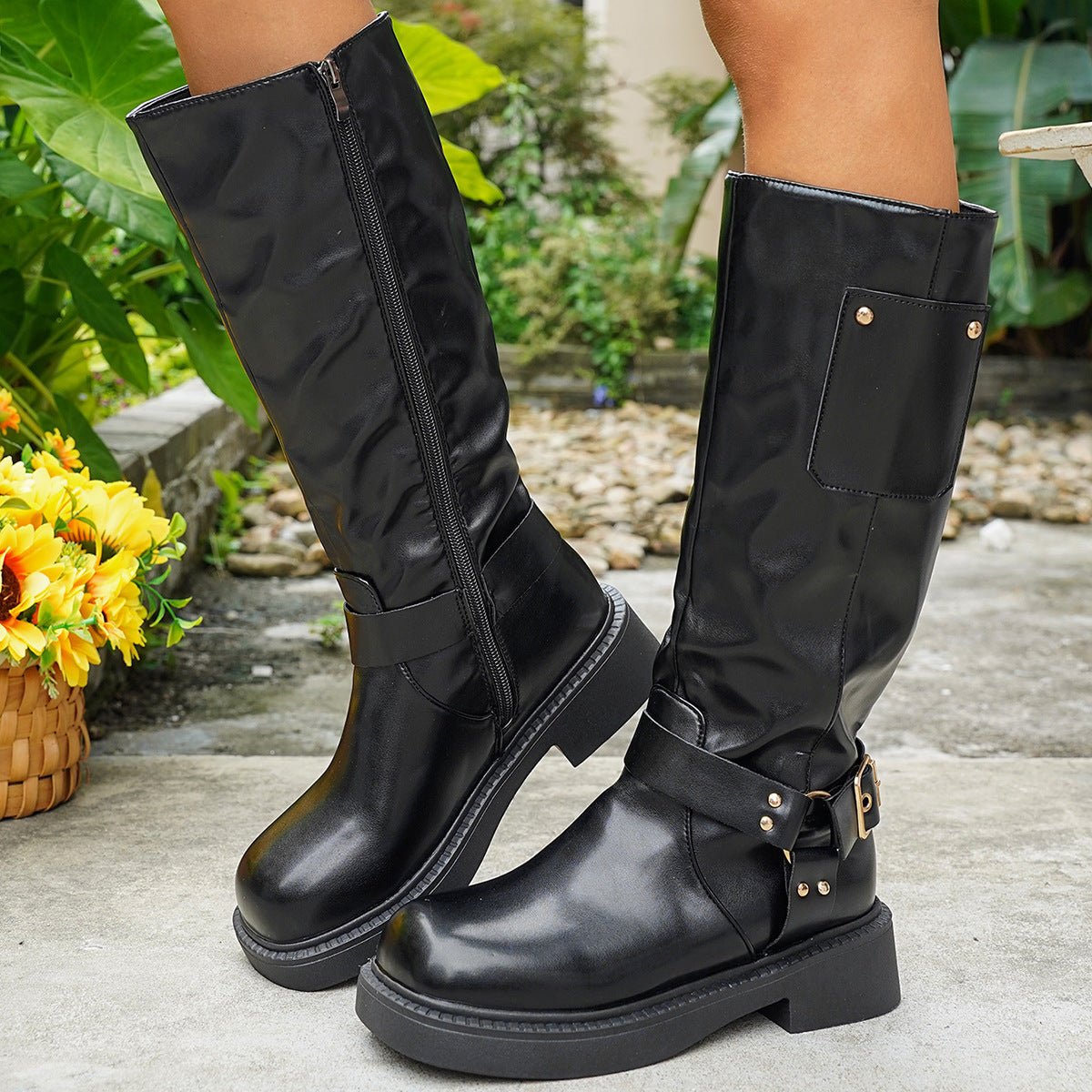 Bottes en denim montantes à boucle métallique, talons épais mi - mollet, noir et marron, tailles 35 - 42 - IVOIRART.COM