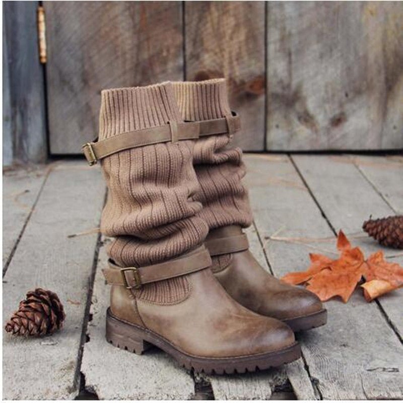 Bottes en laine à tige moyenne, style européen et américain, talon plat épais - IVOIRART.COM
