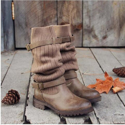 Bottes en laine à tige moyenne, style européen et américain, talon plat épais - IVOIRART.COM