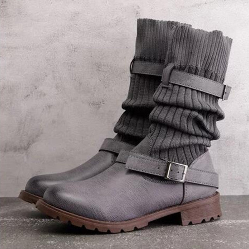 Bottes en laine à tige moyenne, style européen et américain, talon plat épais - IVOIRART.COM