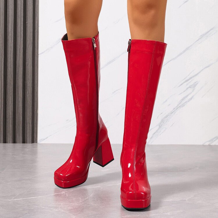 Bottes équestres montantes en cuir verni à la mode avec talon compensé et fermeture éclair latérale - IVOIRART.COM