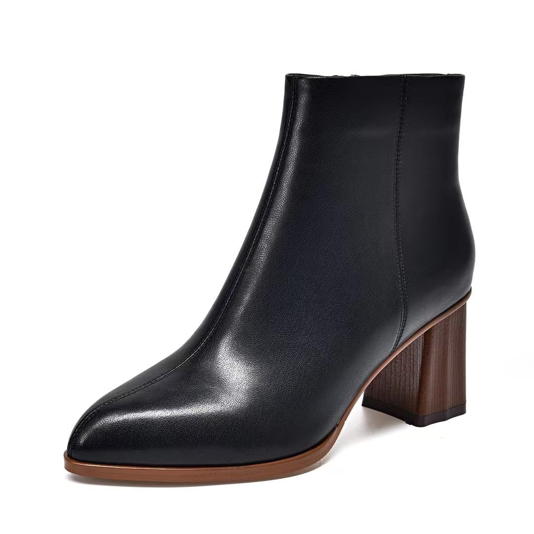 Bottes femme à bout pointu effet bois, talon chunky 6–8 cm, doublure mouton chics - IVOIRART.COM