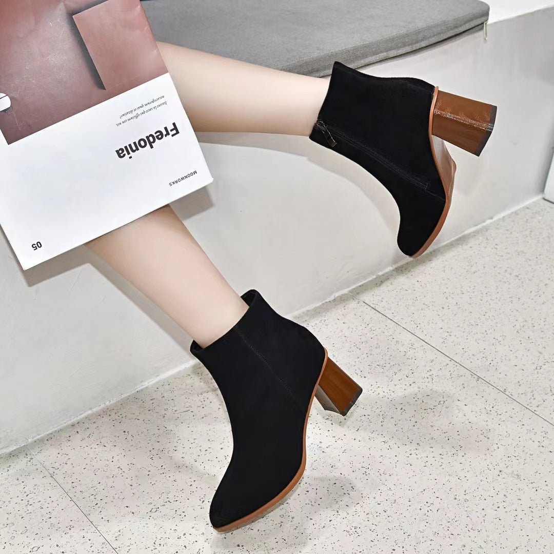 Bottes femme à bout pointu effet bois, talon chunky 6–8 cm, doublure mouton chics - IVOIRART.COM