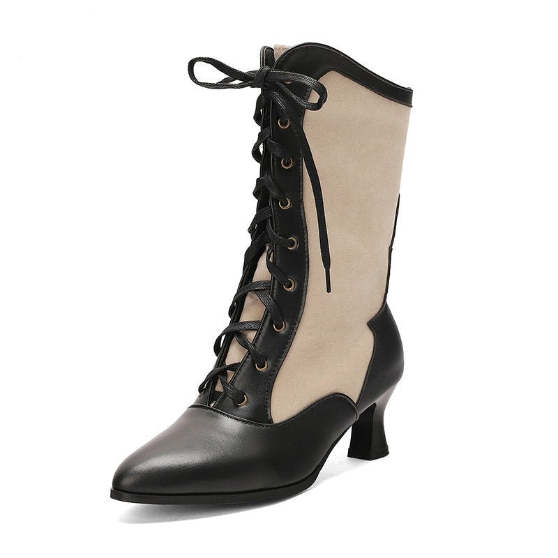 Bottes femme montantes à talons hauts pointus, color-block avec laçage avant - IVOIRART.COM