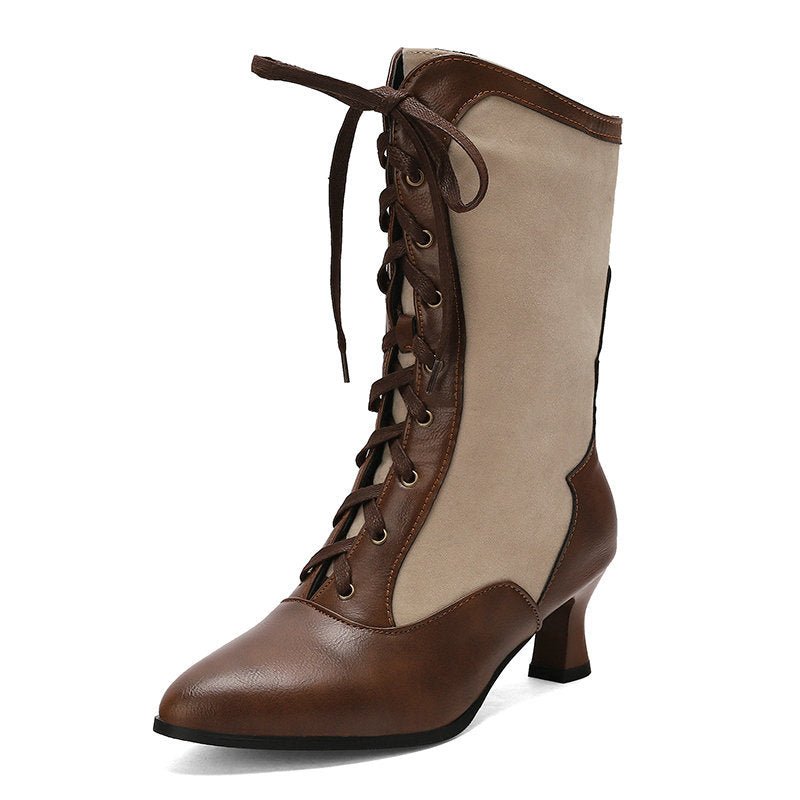 Bottes femme montantes à talons hauts pointus, color-block avec laçage avant - IVOIRART.COM