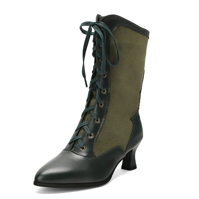 Bottes femme montantes à talons hauts pointus, color-block avec laçage avant - IVOIRART.COM