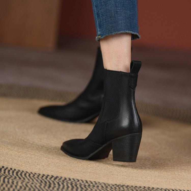 Bottes Femme Rétro Pointues à Cheville avec Bande Élastique et Talon Épais - IVOIRART.COM
