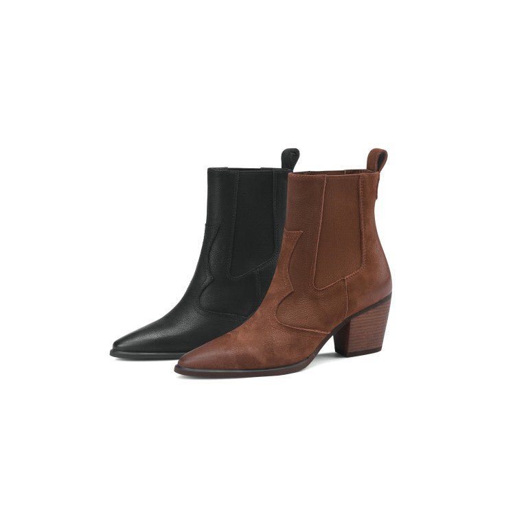Bottes Femme Rétro Pointues à Cheville avec Bande Élastique et Talon Épais - IVOIRART.COM