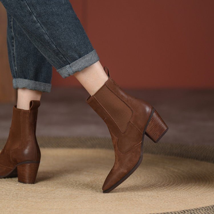 Bottes Femme Rétro Pointues à Cheville avec Bande Élastique et Talon Épais - IVOIRART.COM