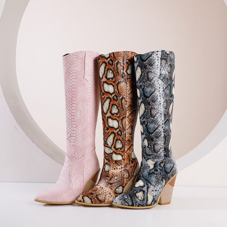 Bottes grandes tailles à motif serpent pour femmes, talon épais très haut - IVOIRART.COM