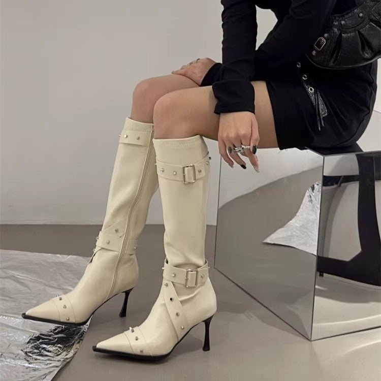 Bottes Longues Femme Polyvalentes à Boucle, Rivetées, Talons Fins et Fermeture Latérale - IVOIRART.COM