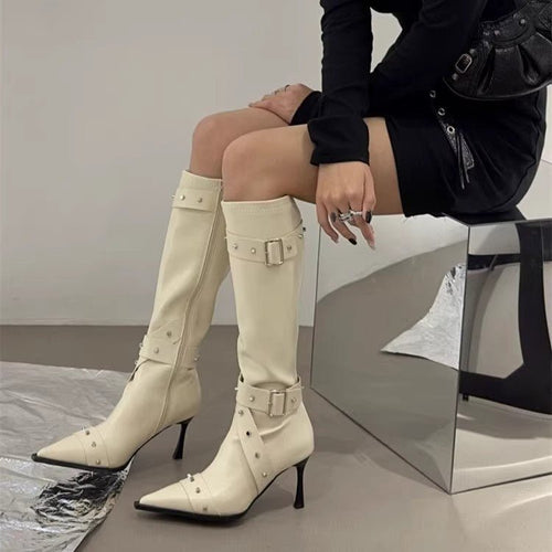 Bottes Longues Femme Polyvalentes à Boucle, Rivetées, Talons Fins et Fermeture Latérale - IVOIRART.COM