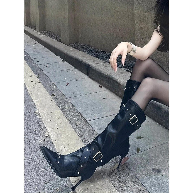 Bottes Longues Femme Polyvalentes à Boucle, Rivetées, Talons Fins et Fermeture Latérale - IVOIRART.COM